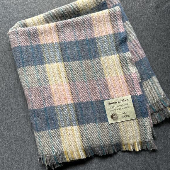 Vintage Murray Brothers Scottish Woolens Plaid Wool Blanket 31” X 56” Blue Pink - Picture 1 of 10